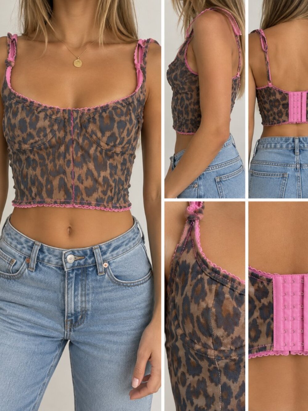 Out From Under Leopard Mesh Corset Cami Top Pink Trim Size S